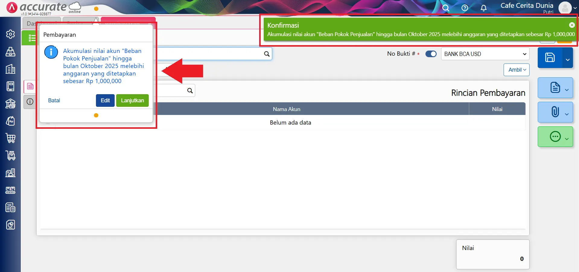 membatasi transaksi operator sesuai limit anggaran